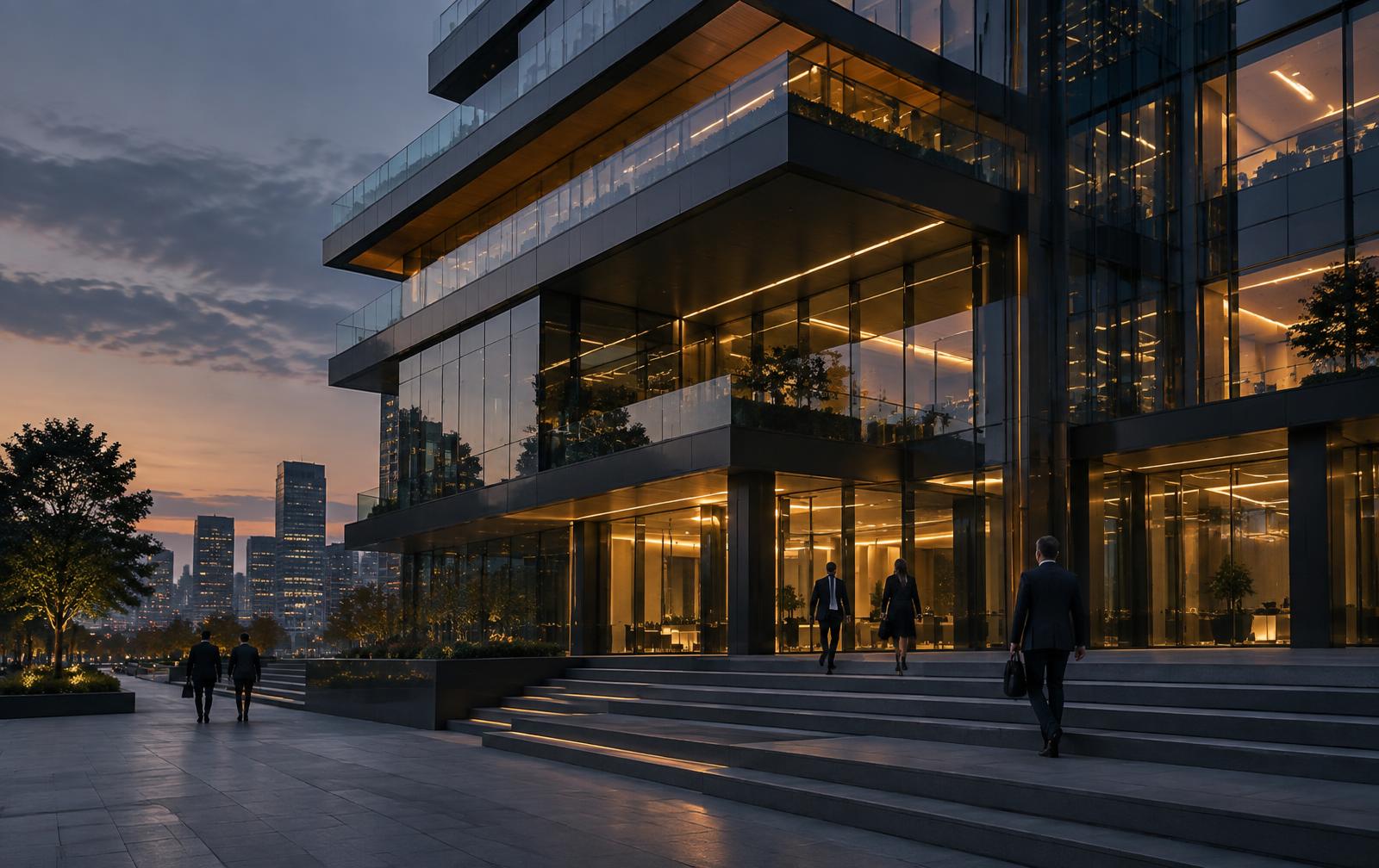 Ascending levels of modern commercial architecture at dusk